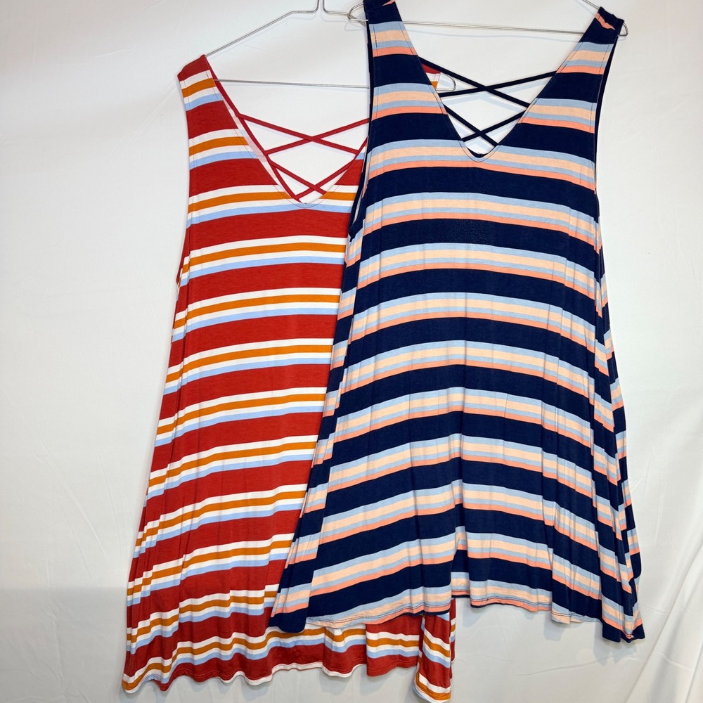 Arizona Jean Co Striped Lattice V-Neck Tank Top Bundle Womens XXL 2X Plus 2pk